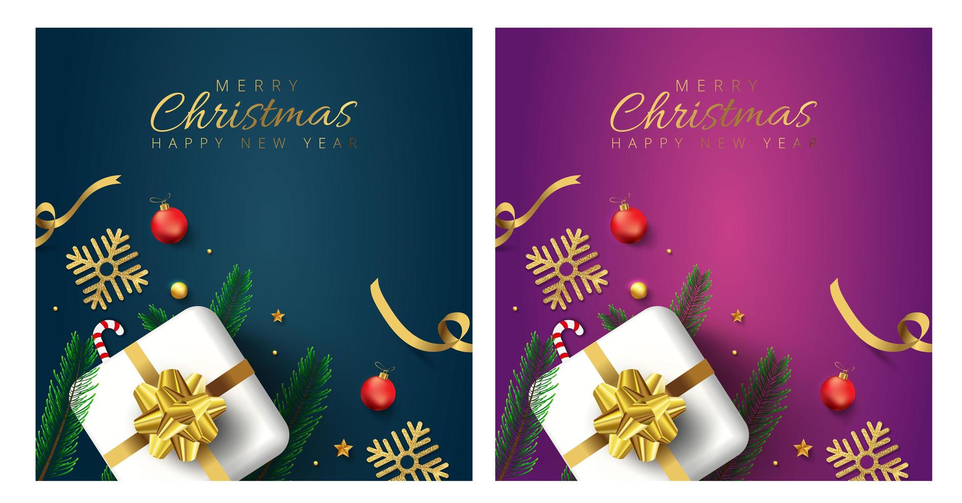 Merry Christmas cards with stars, branches and gifts vector