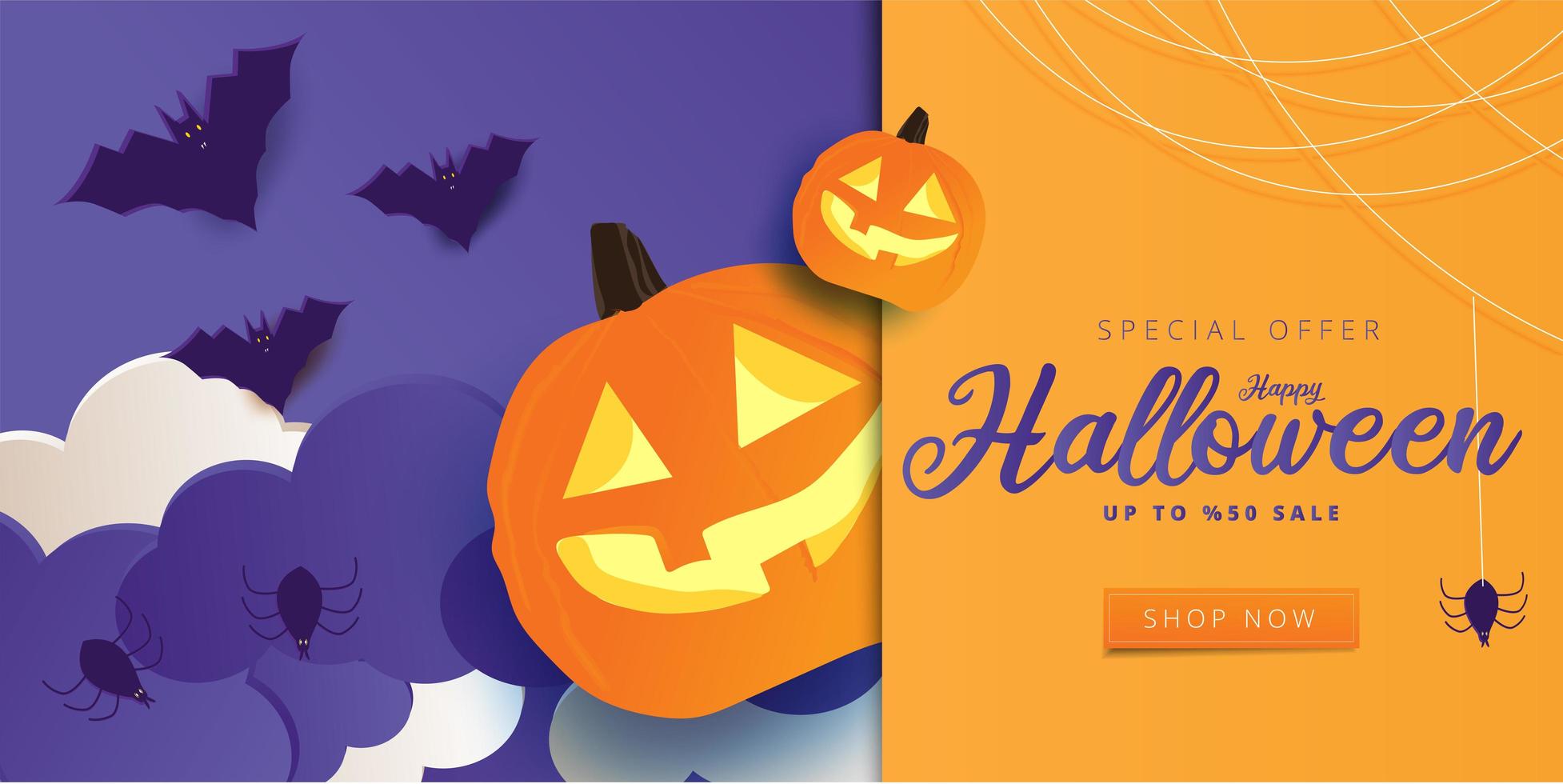 banner de venta de halloween de arte de papel con cielo púrpura vector