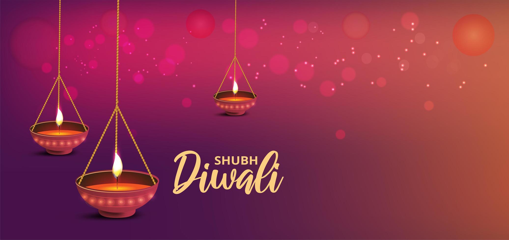 Diwali banner with hanging realistic oil lamps on gradient vector