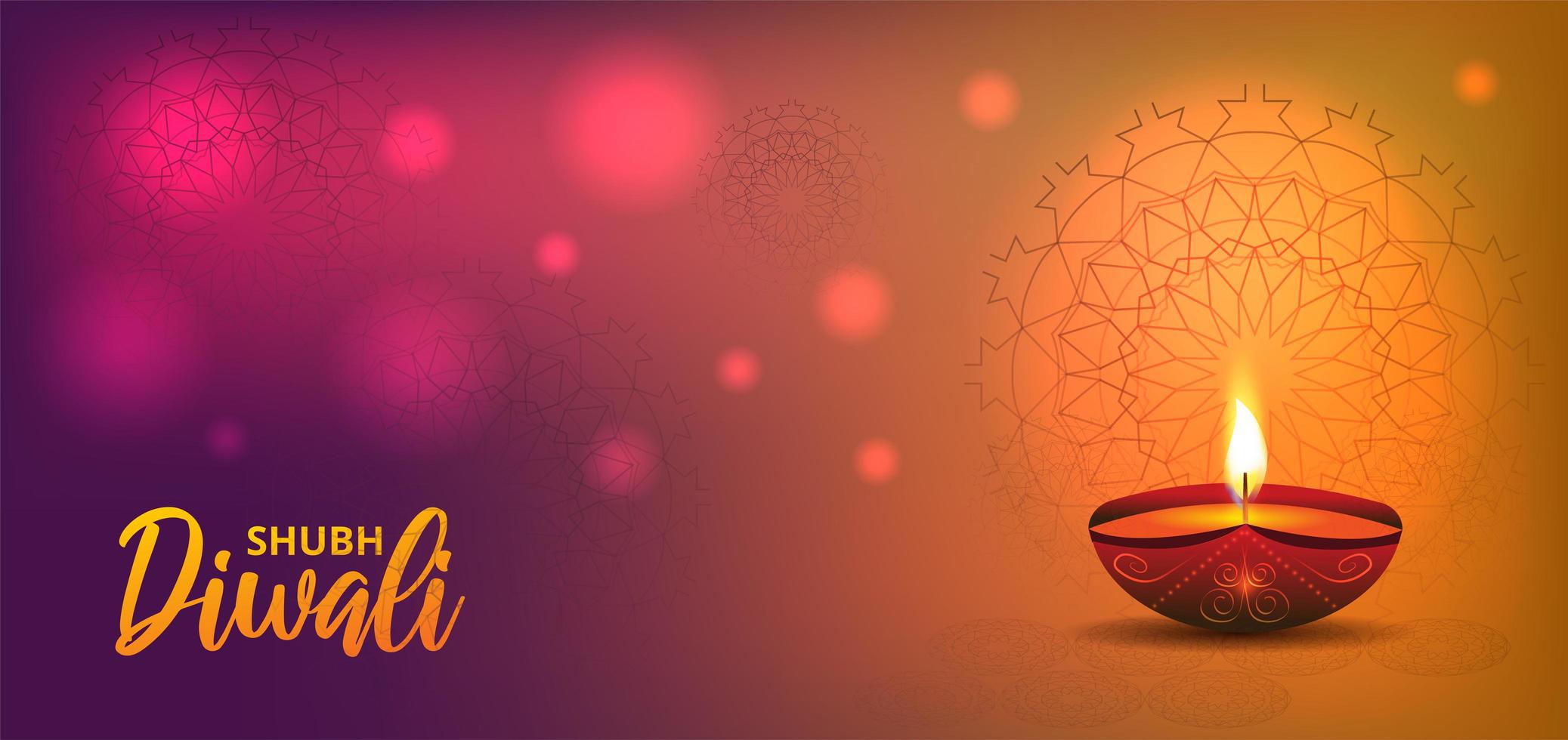 Diwali orange pinke banner design with realistic oil lamp vector