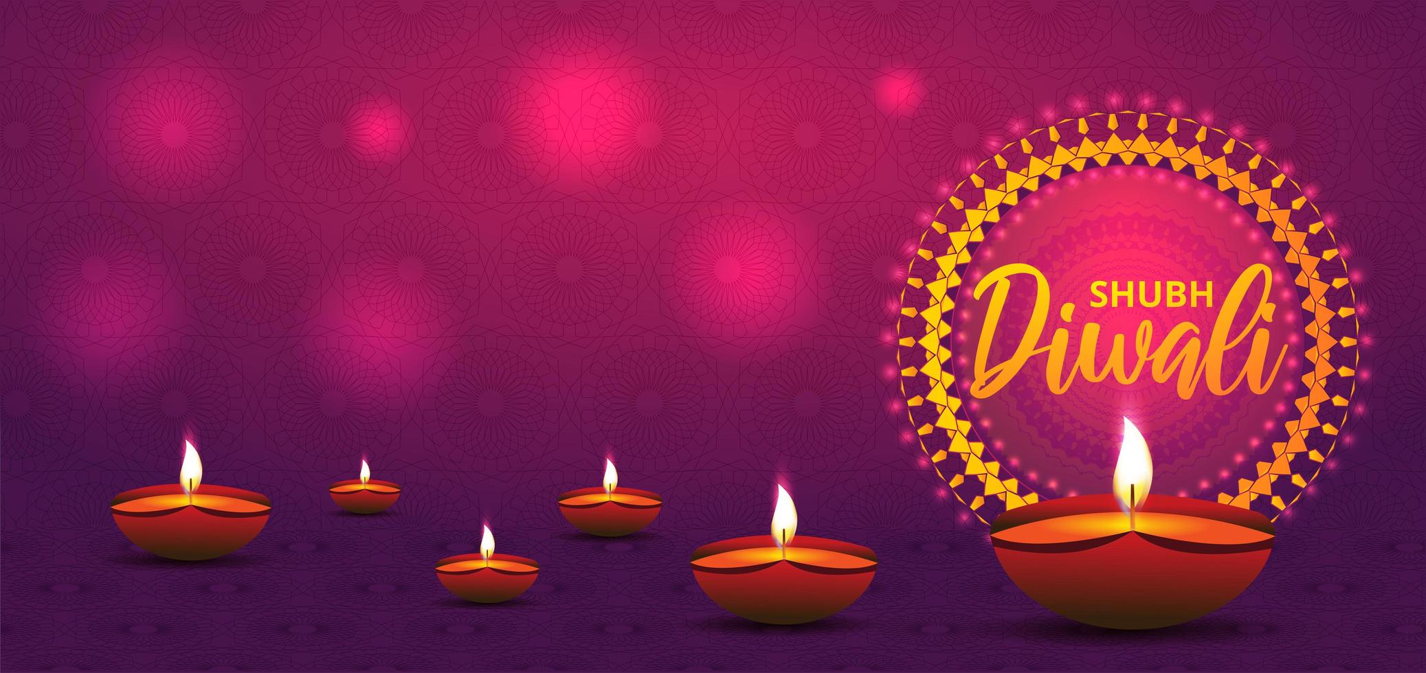 Diwali banner with oil lamps on purple pink gradient vector