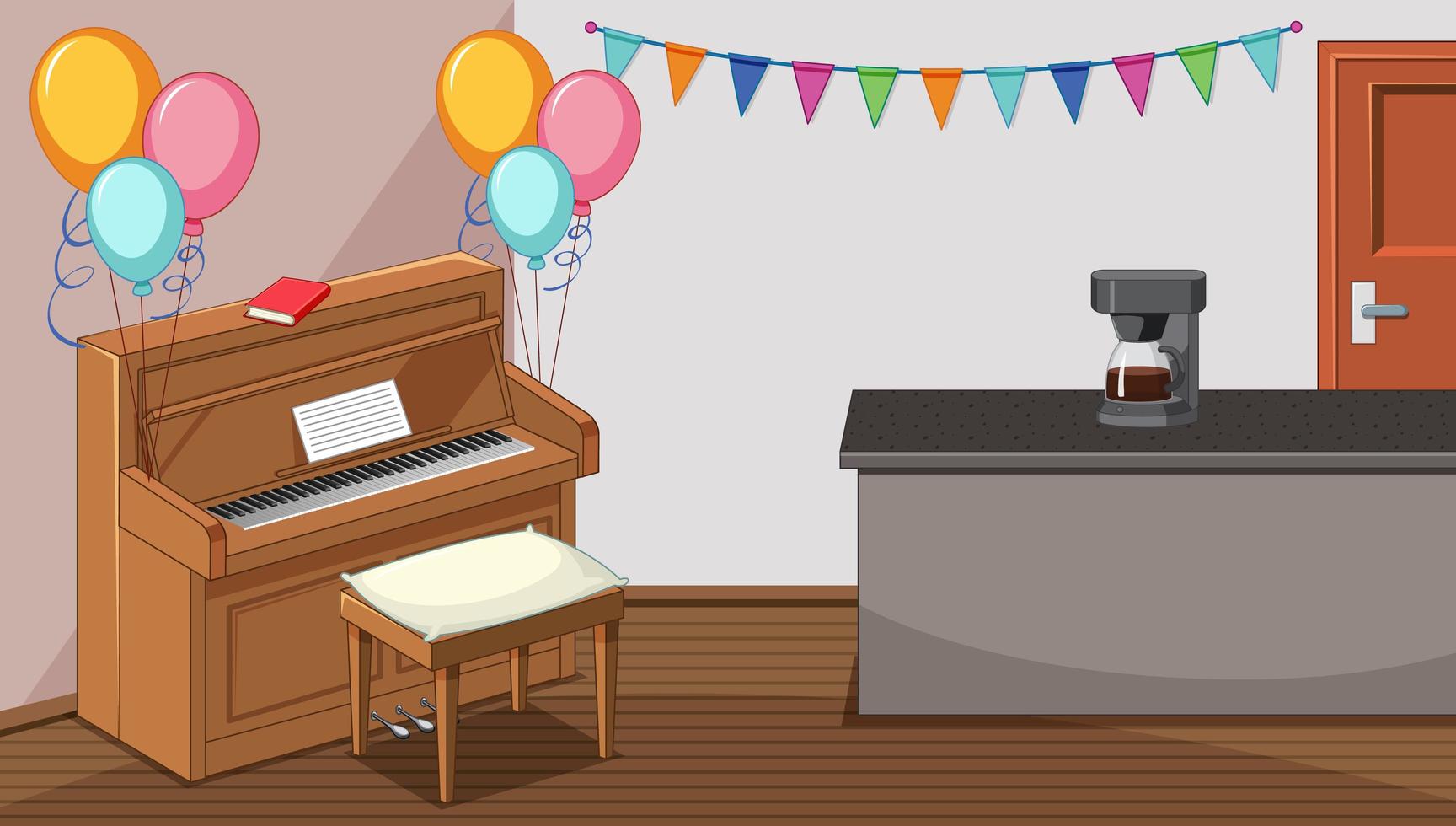 Party in living room with piano and coffee machine vector