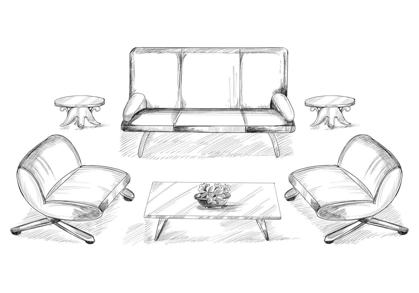 Sketched house interior with sofa and dining table vector