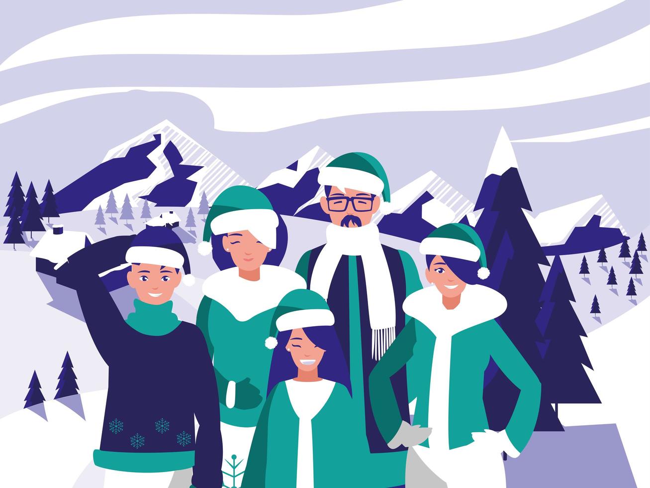 grupo de familia con ropa de navidad en paisaje invernal vector