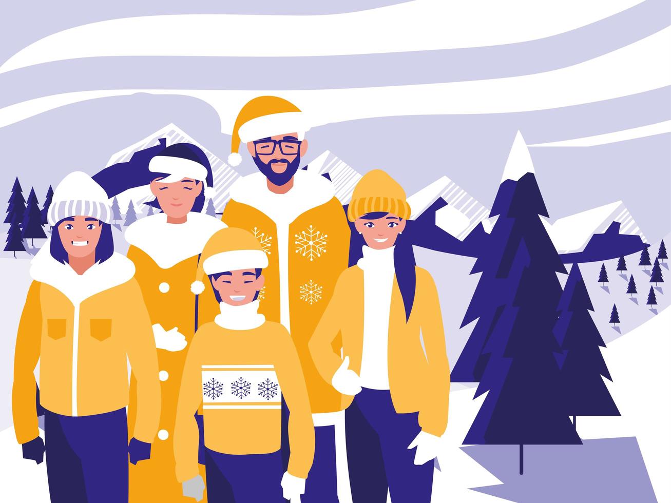 grupo de familia con ropa de navidad en paisaje invernal vector