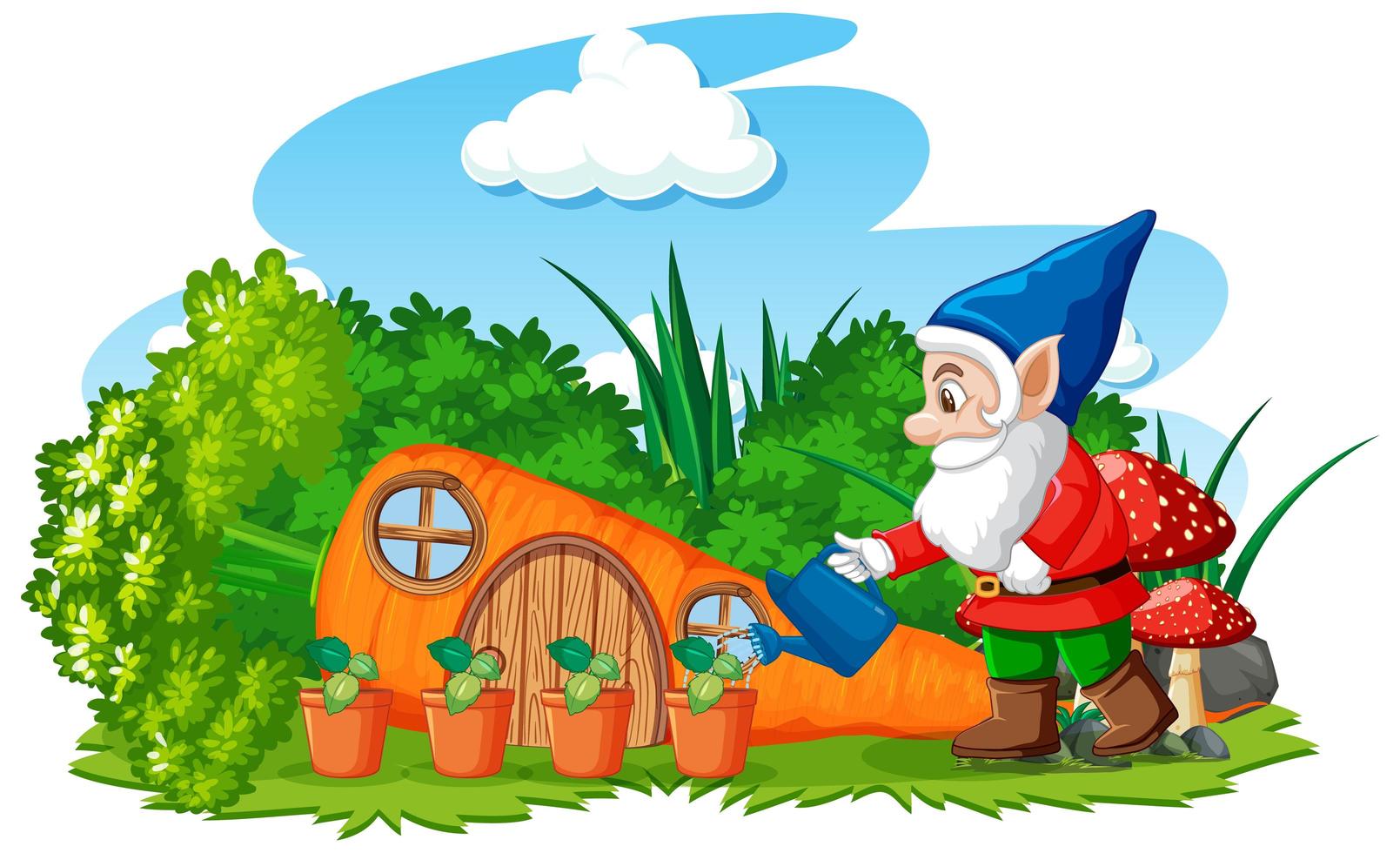 Gnomes watering plant with carrot house vector