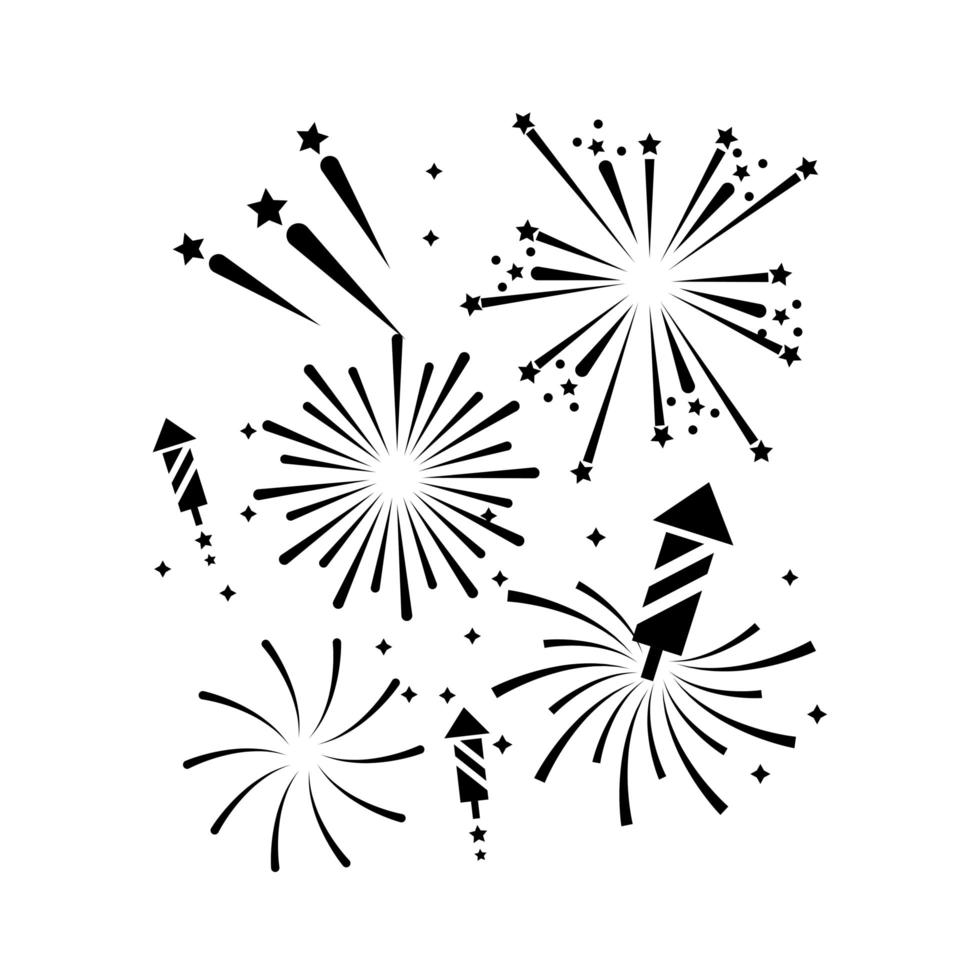 conjunto, de, silueta, fuegos artificiales, iconos vector