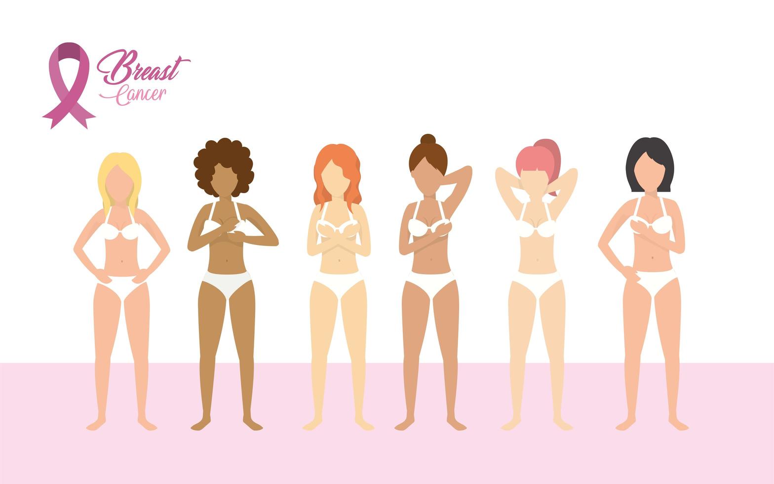 Set of women and breast cancer pink ribbon vector