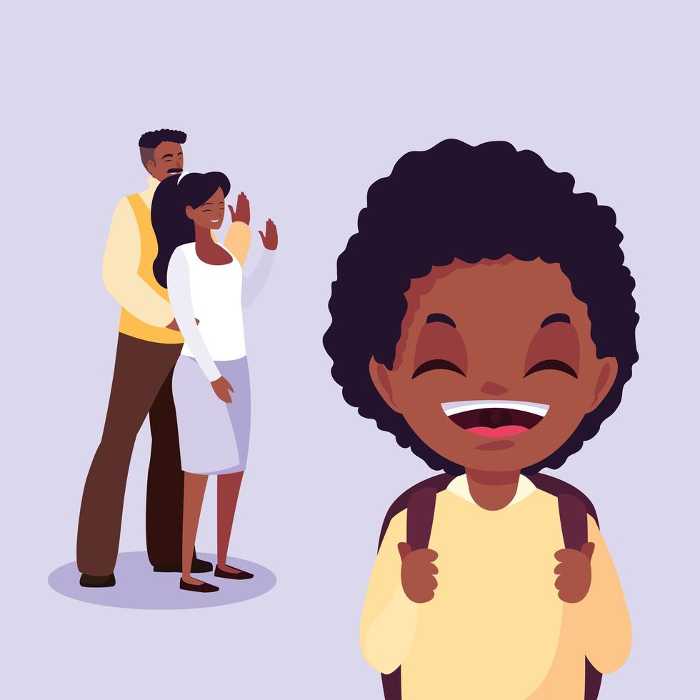 Cute little student boy afro with parents vector