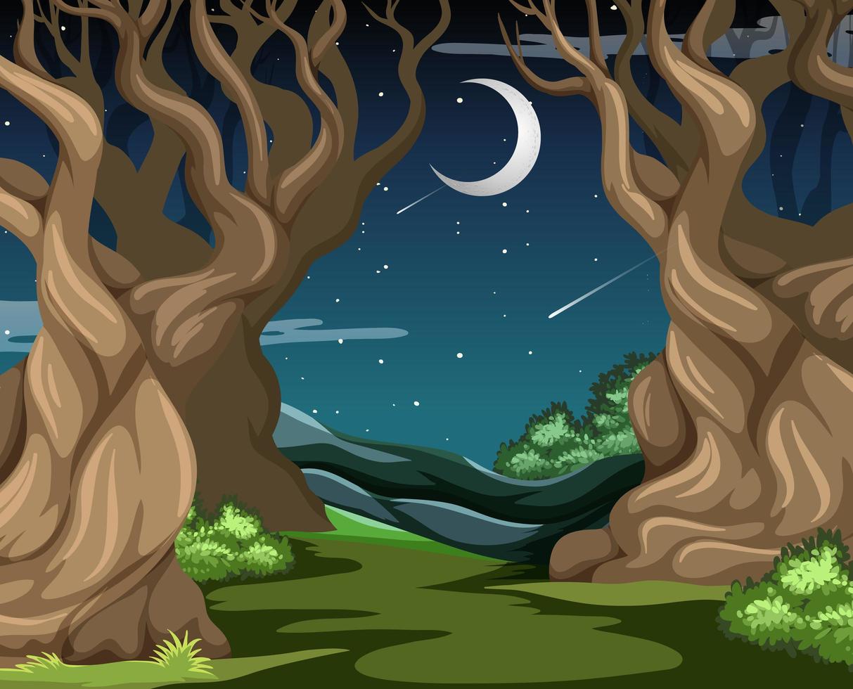 Dark forest with big trees in the night vector