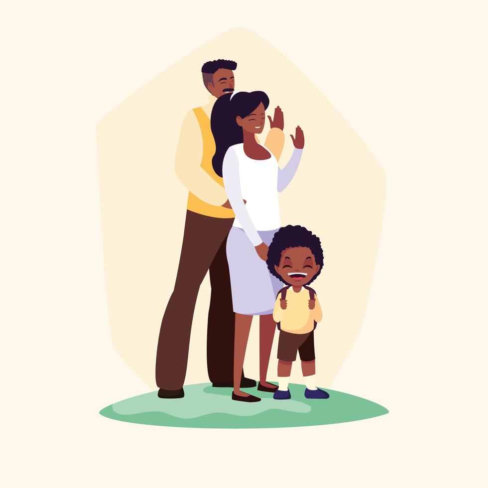 lindo niño pequeño estudiante afro con padres vector