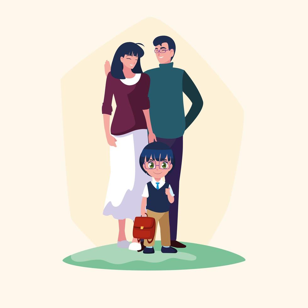 Cute little student boy and schoolbag with parents vector