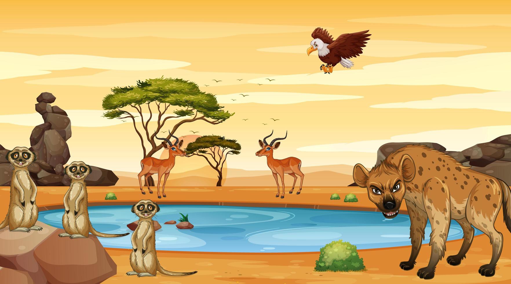 escena con animales salvajes junto a un estanque. vector