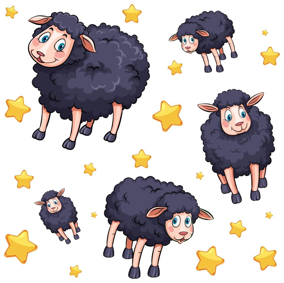 Cartoon black sheep and stars pattern vector