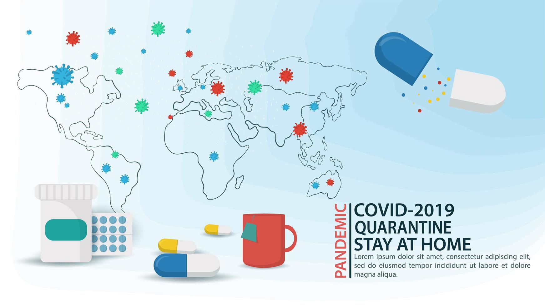World map banner of COVID-19 virus molecules vector