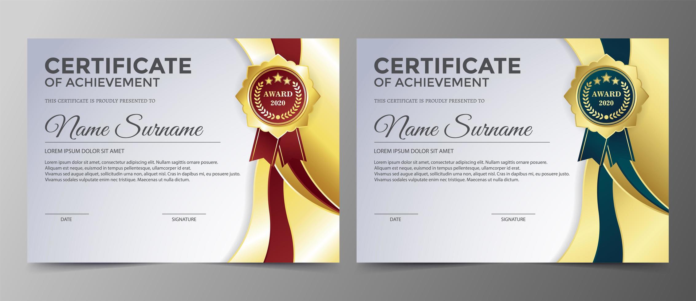 Achievement certificate with gold, green and red ribbons vector