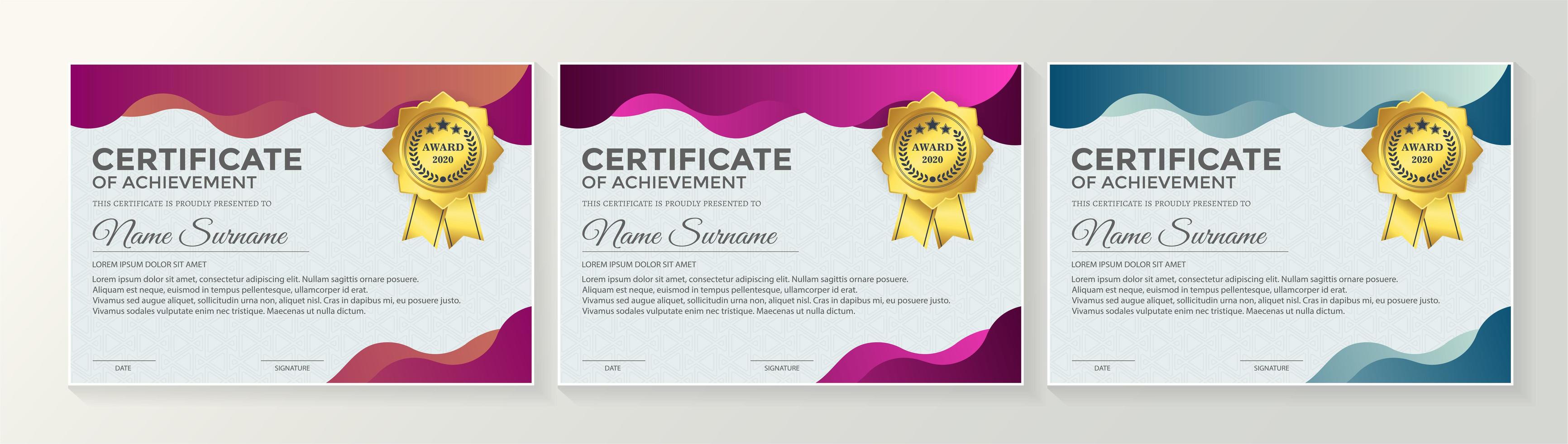 Blue certificate set with colorful wavy layers vector
