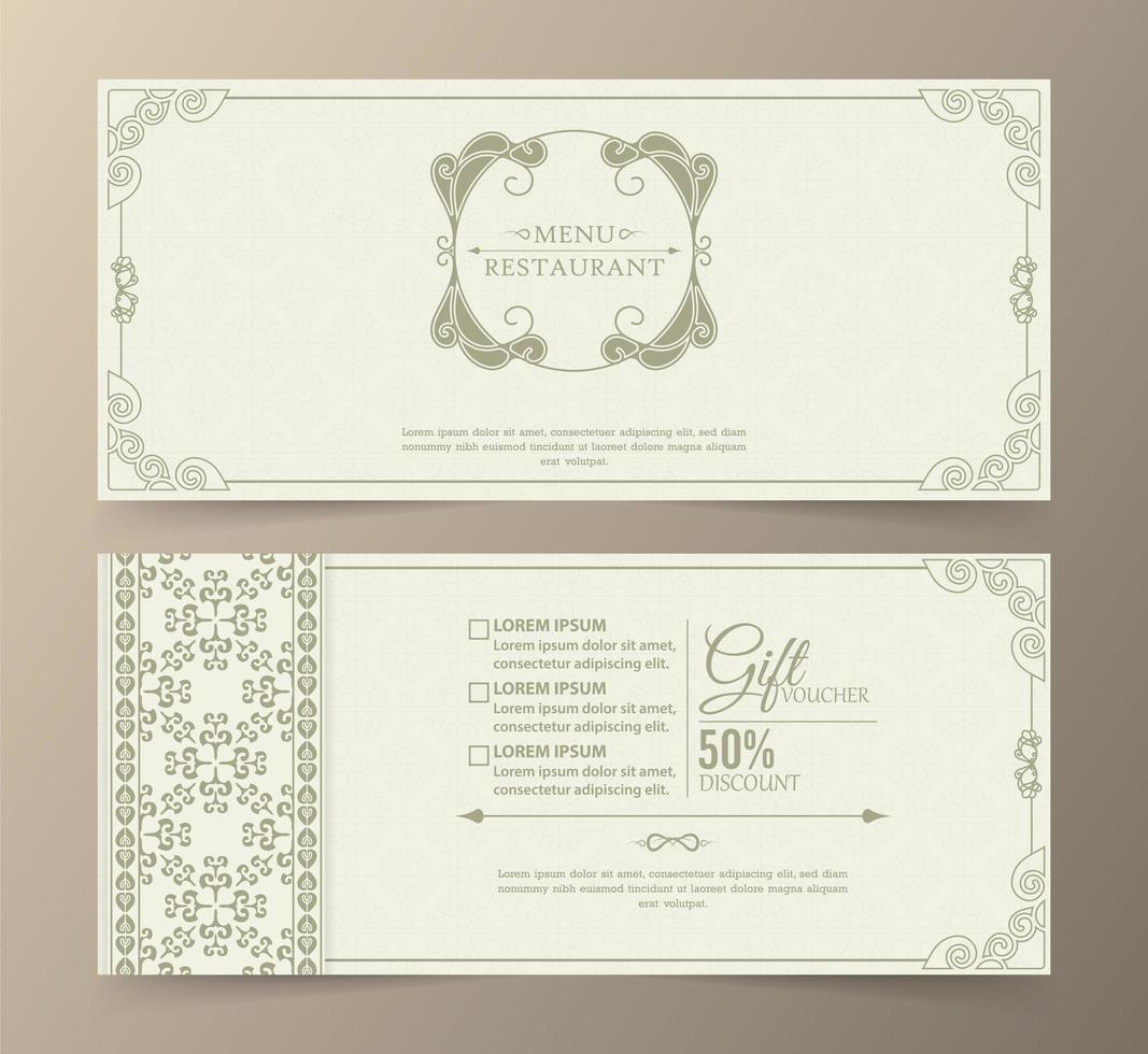 Light colored luxury restaurant menu gift voucher vector