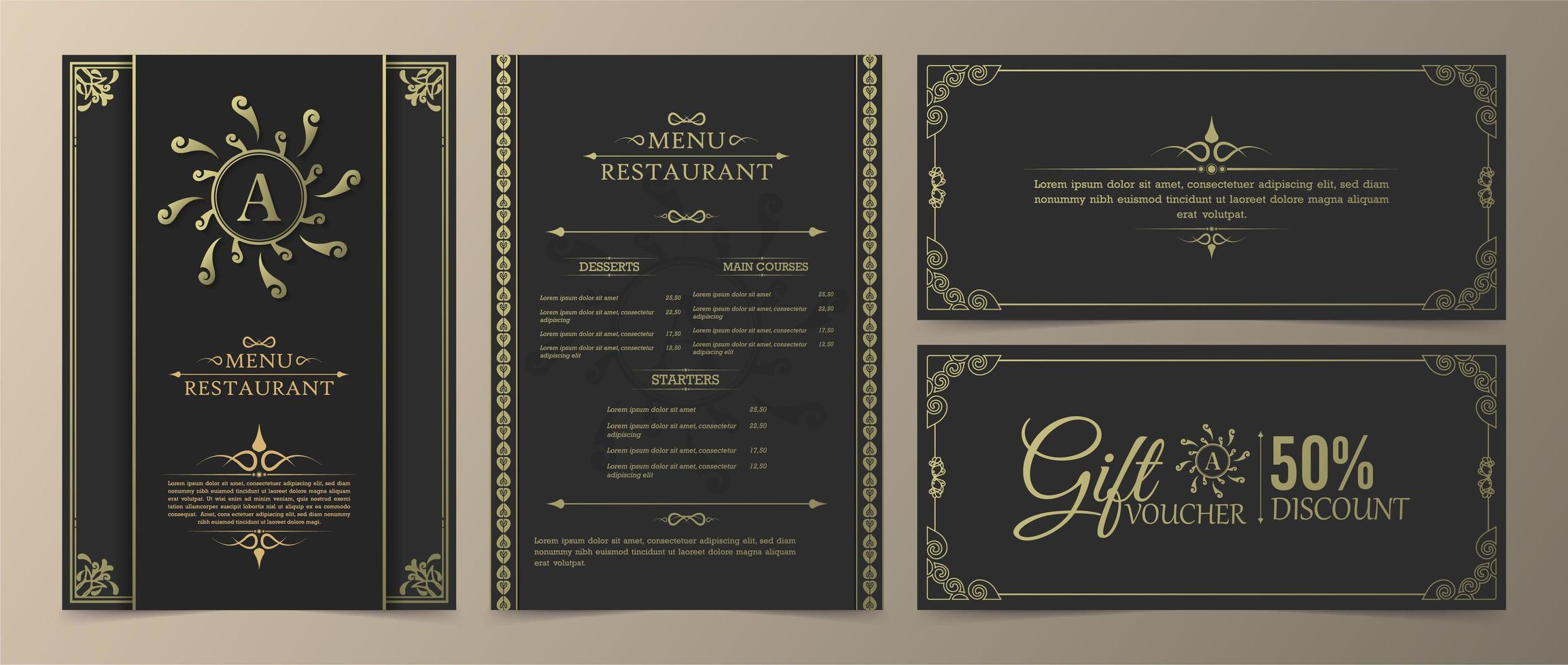 Luxury restaurant menu and gift voucher set vector