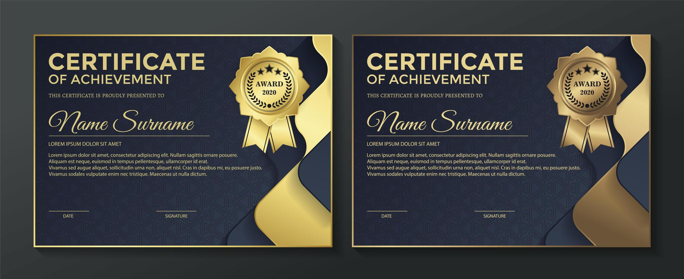 Certificate template with blue and gold wavy layers vector