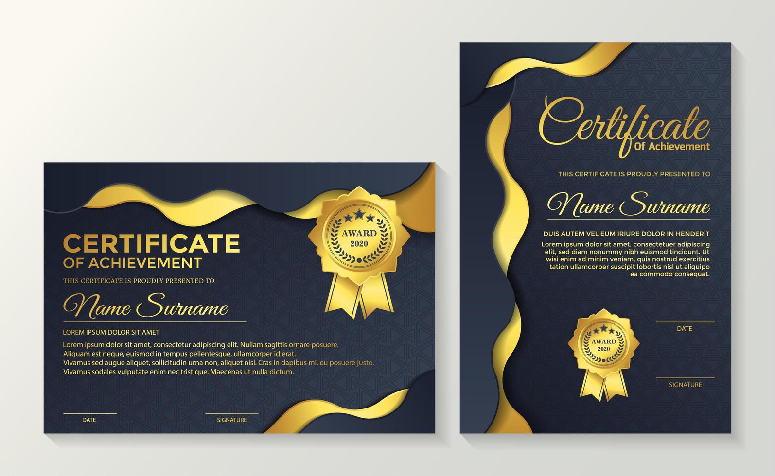 Certificados premium ondulados en capas doradas y azules. vector