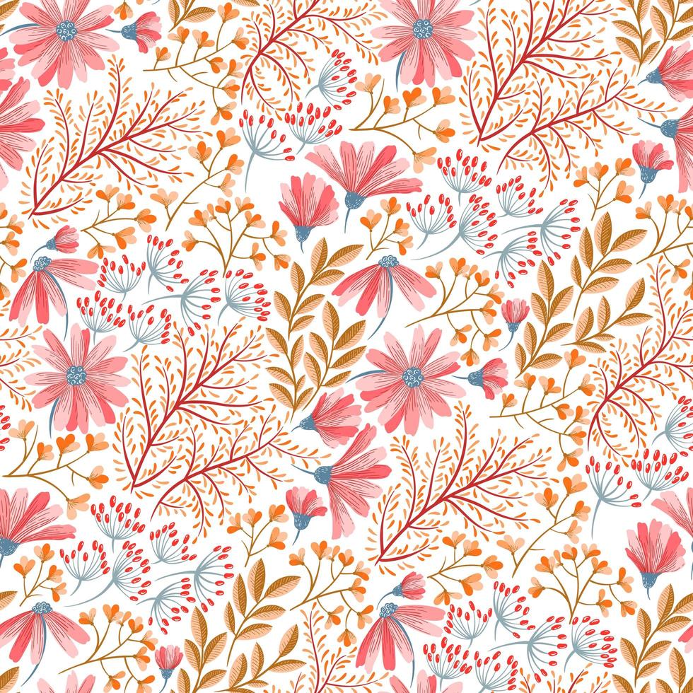 Spring pink, blue and orange floral pattern vector