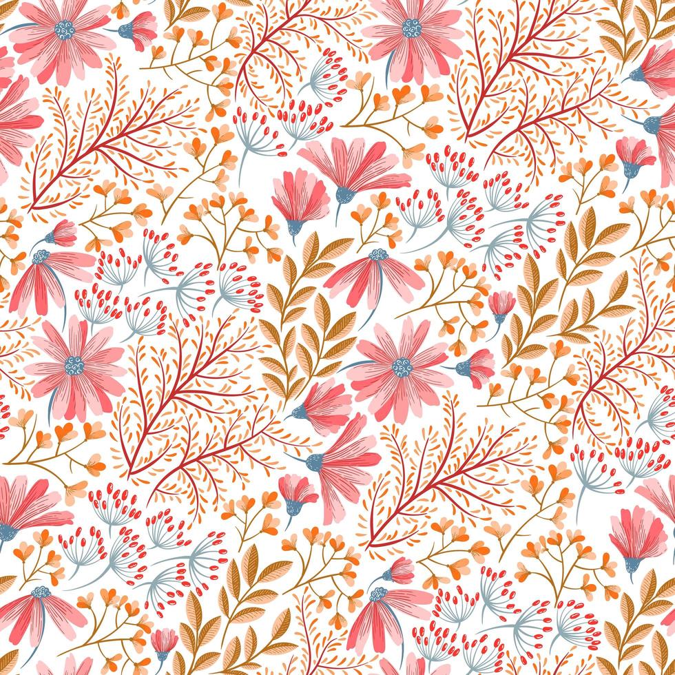 Spring pink, blue and orange floral pattern vector