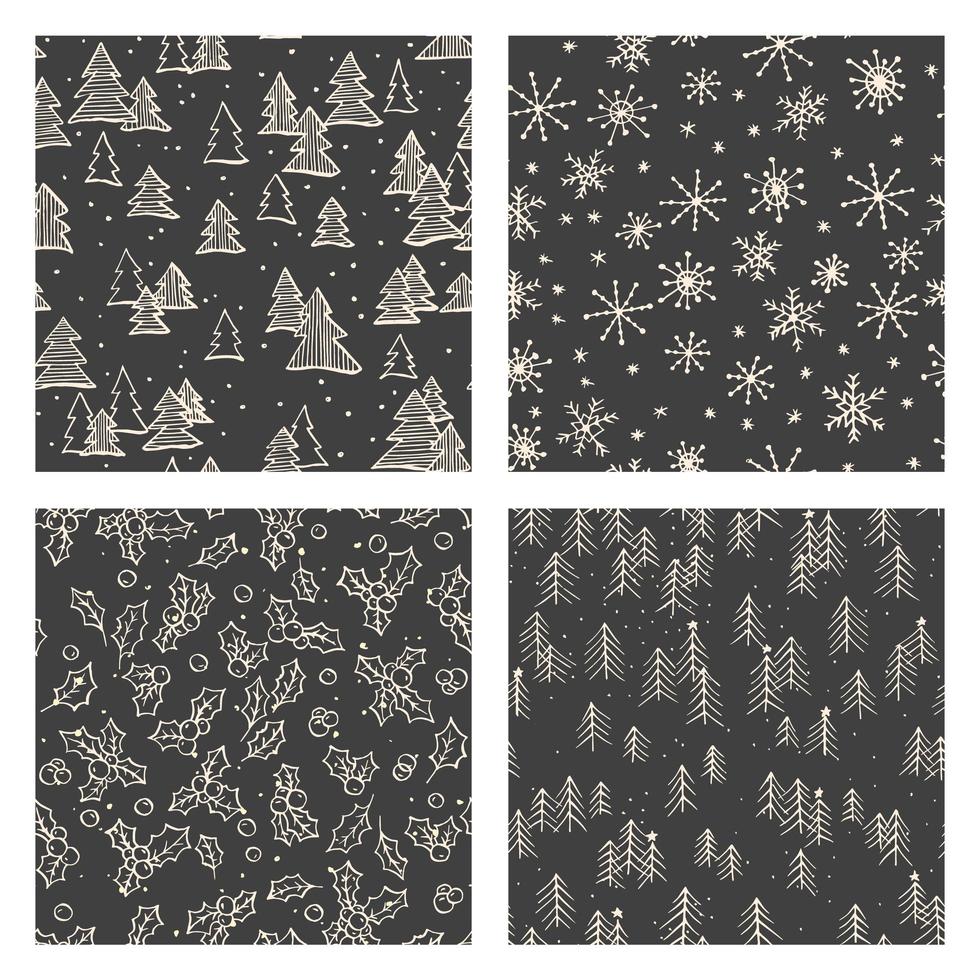 Monochrome Christmas doodle pattern set vector