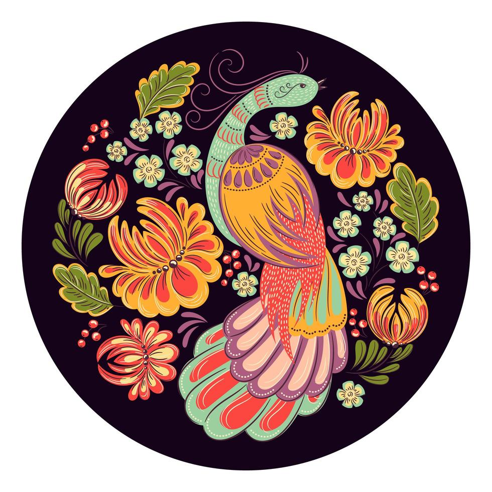 Folk Bird in the Garden on Black Circle Frame vector