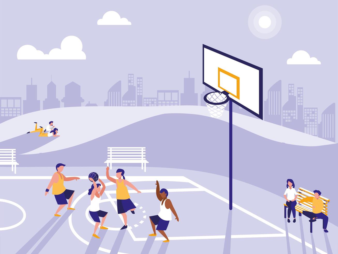 gente practicando deporte en el campo de baloncesto vector