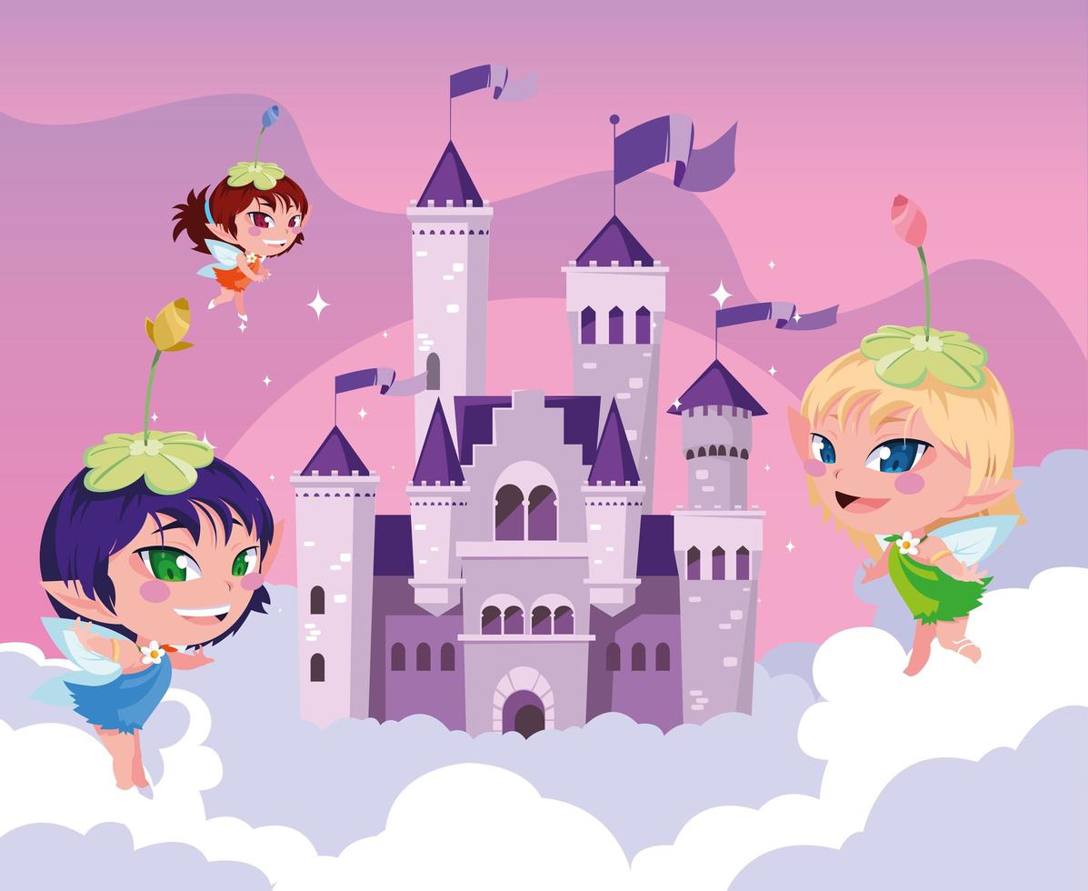 Fairies with castle fairytale in the sky with clouds vector