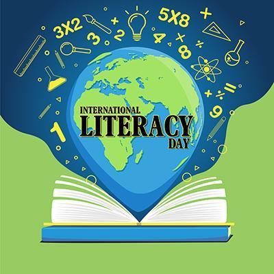 International literacy day poster with open book and globe vector