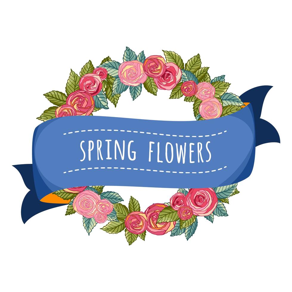 Wreath and Ribbon with Spring Flowers Text vector