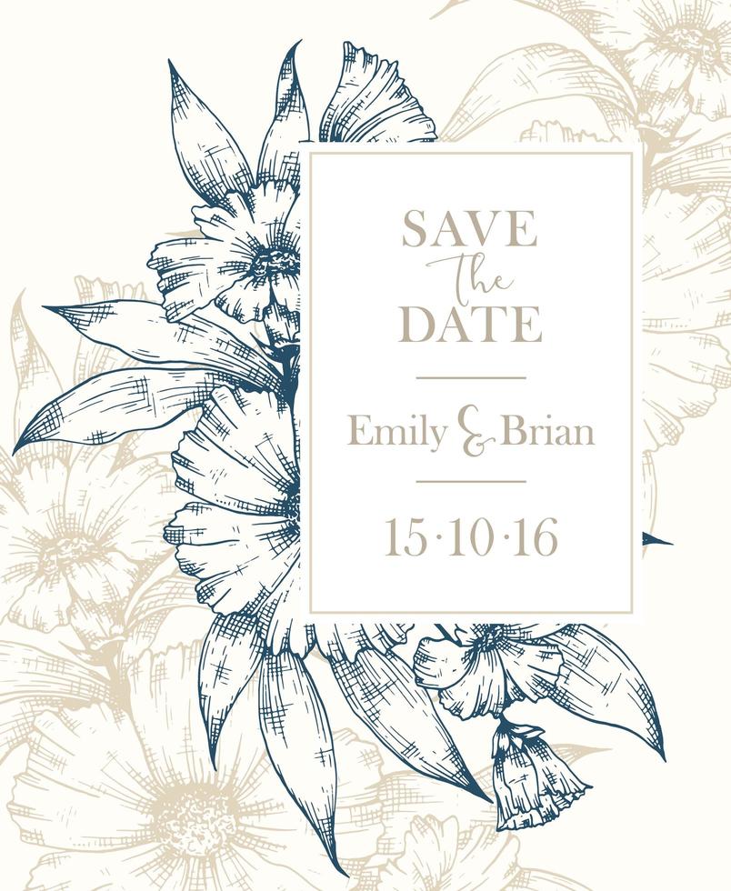 boceto floral guardar la fecha tarjeta de boda vector