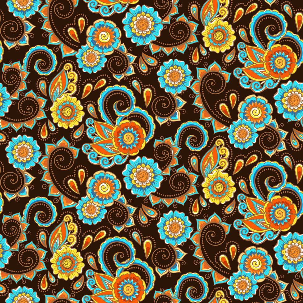 Brown, blue and orange paisely seamlesspattern vector