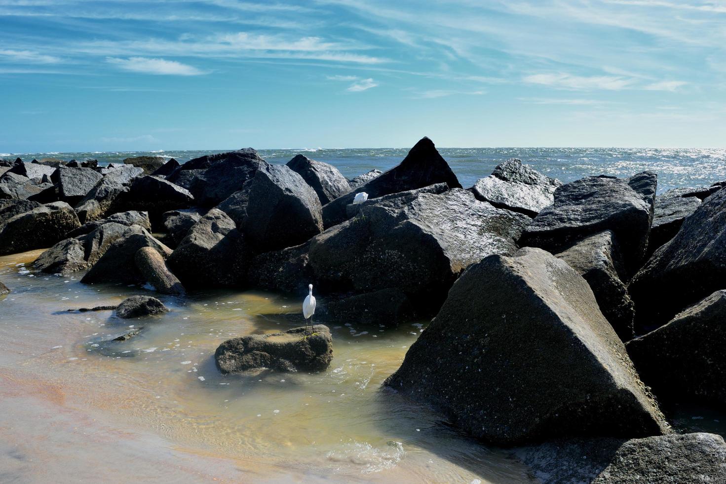 Black rocks in the ocean photo