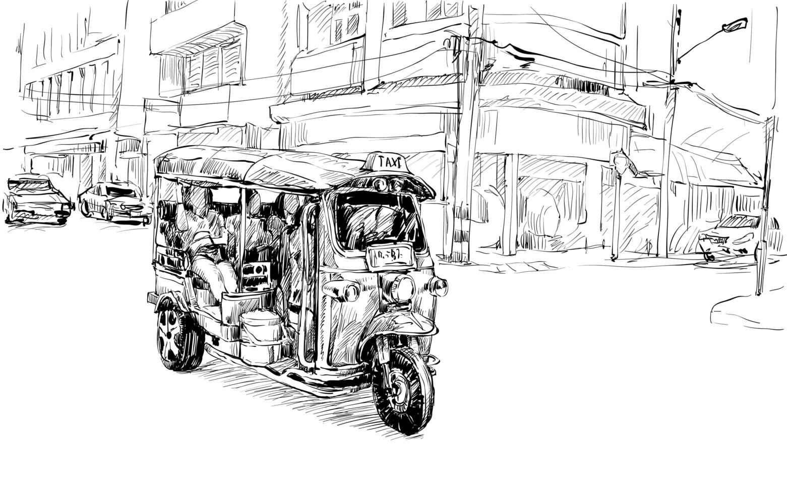 Boceto de un auto rickshaw en un fondo de la ciudad vector