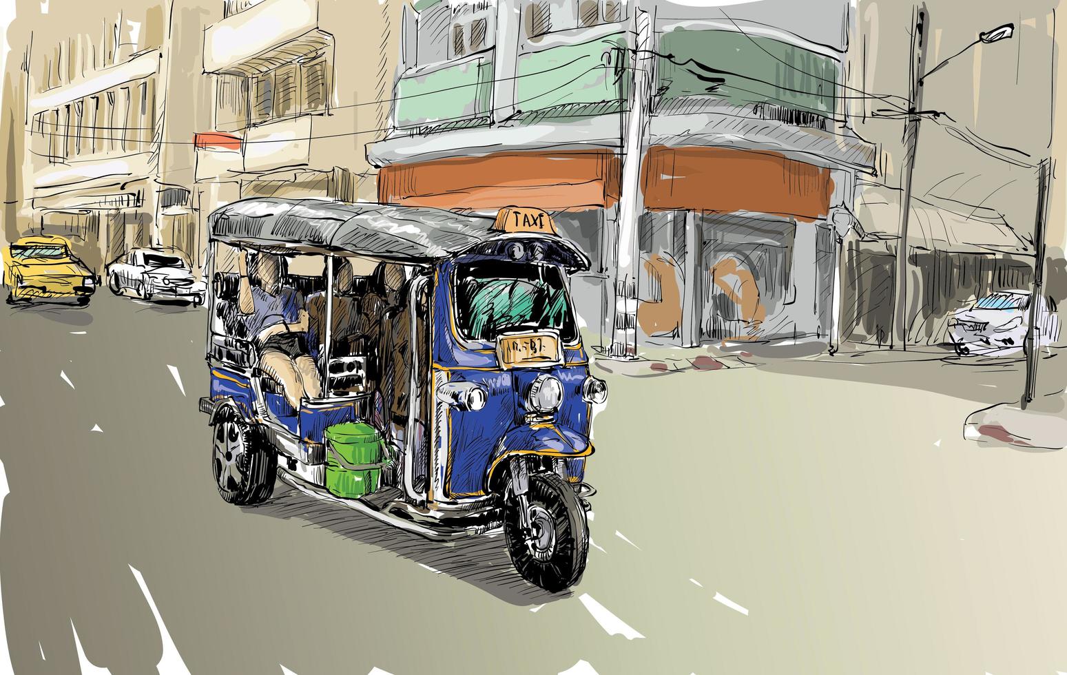 Boceto de un auto rickshaw en un fondo de la ciudad vector