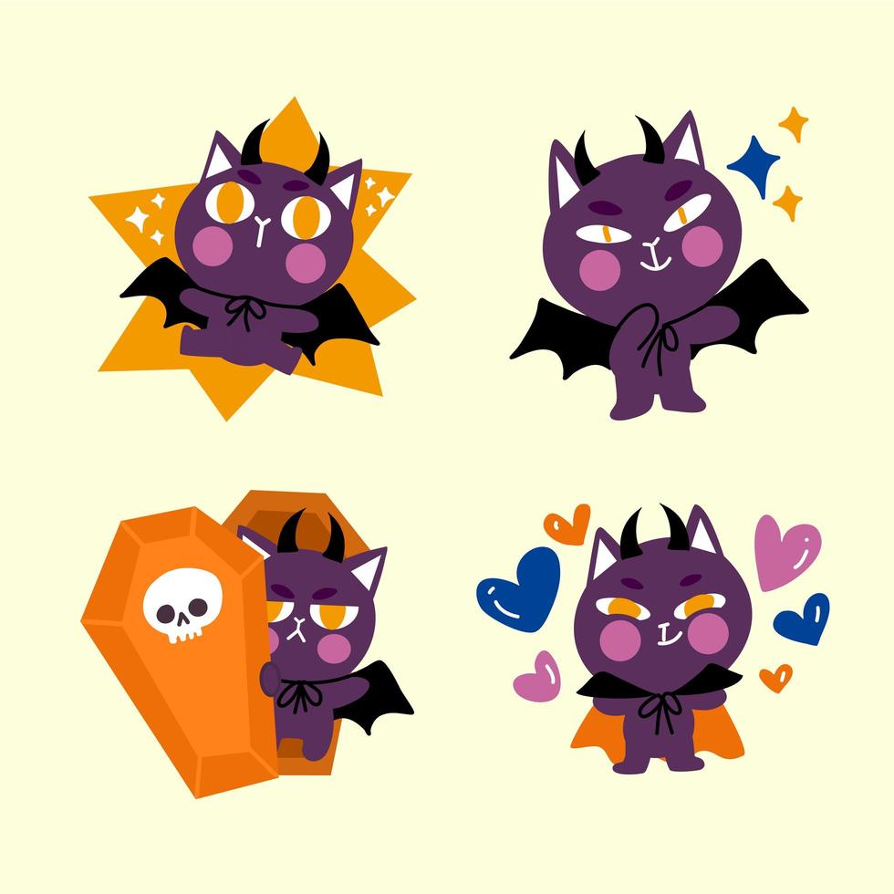 Lively Little Dracula Cat Character Doodle Set vector