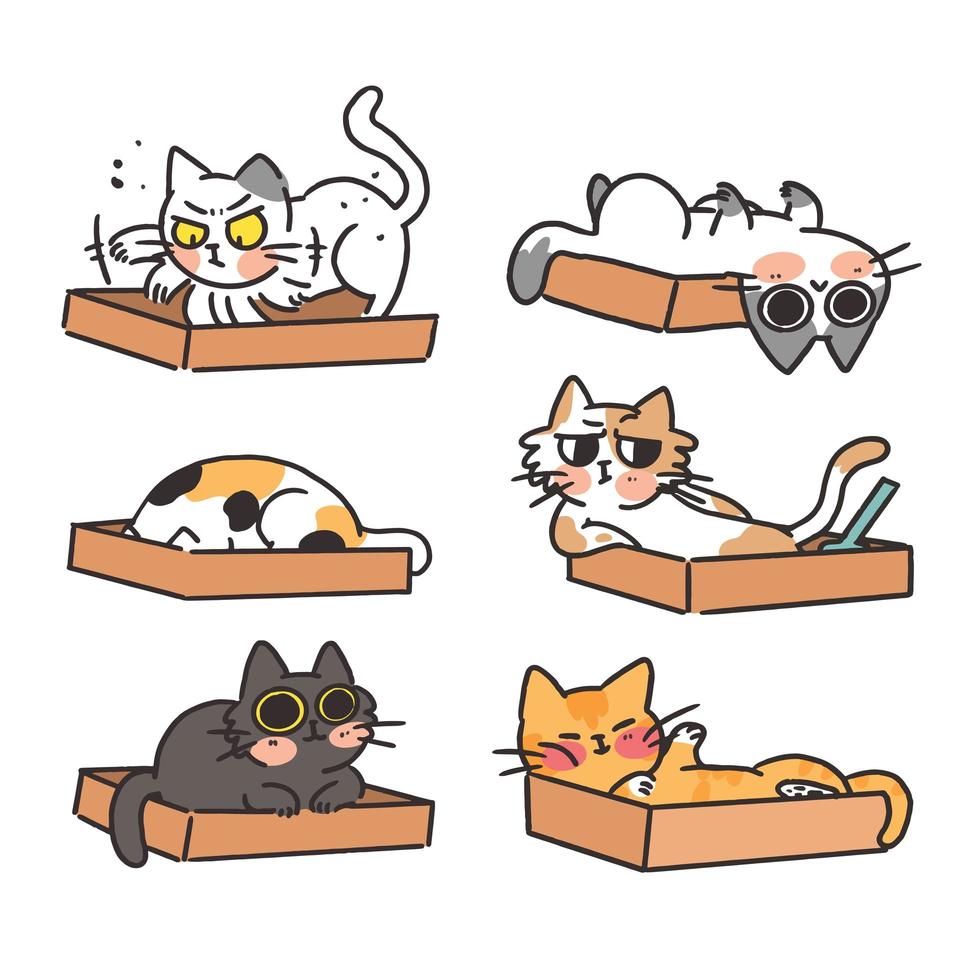 gatos y caja de arena conjunto de pegatinas estilo doodle vector