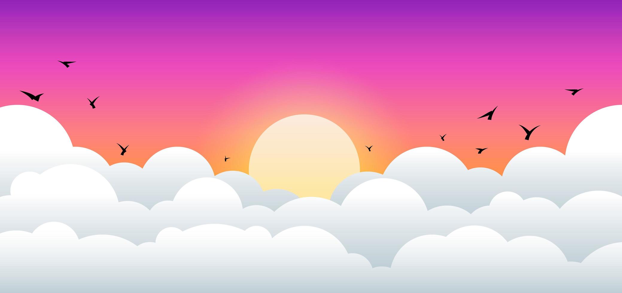 paisaje de amanecer y atardecer con diseño de nubes y pájaros vector