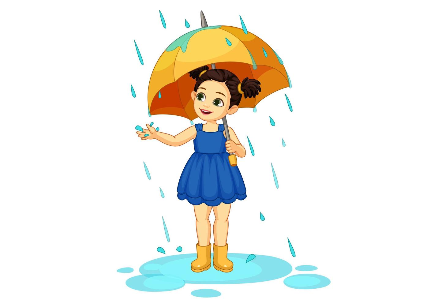 linda niña con paraguas disfrutando de la lluvia vector