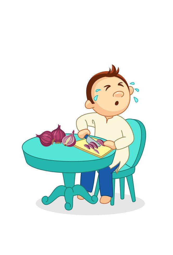 Man slicing onion and crying vector