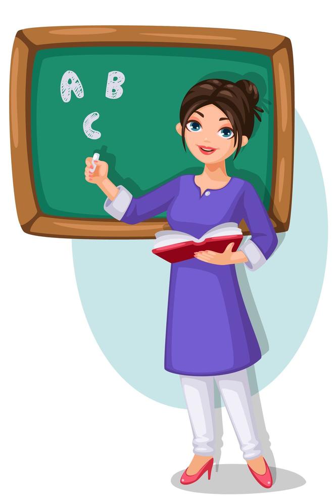 School teacher with green chalkboard holding a book vector