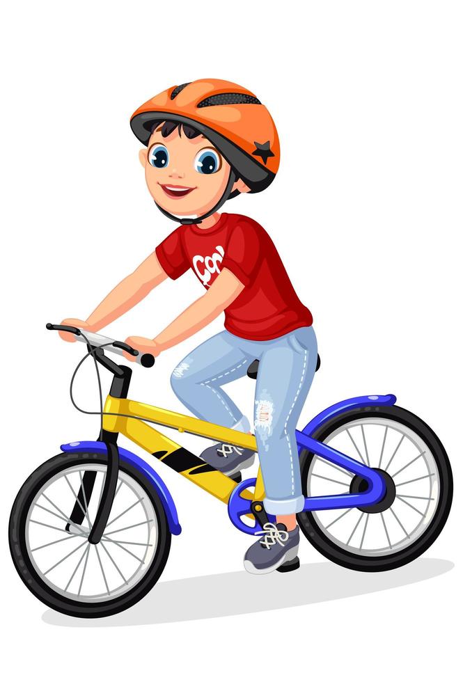niño feliz en casco montando bicicleta vector