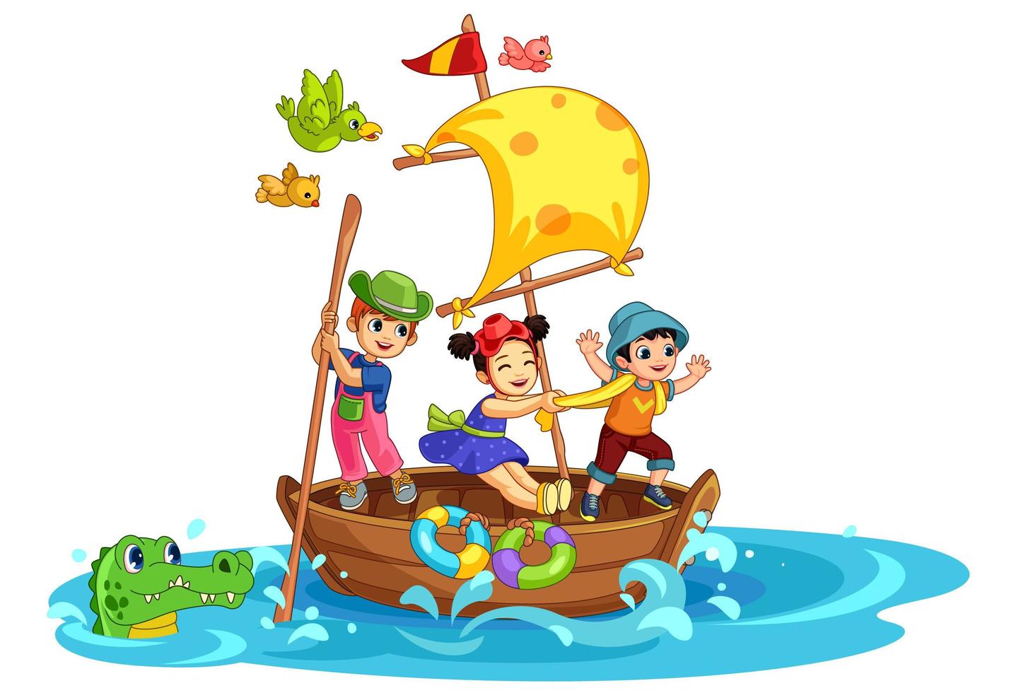 tres niños divirtiéndose en el barco vector
