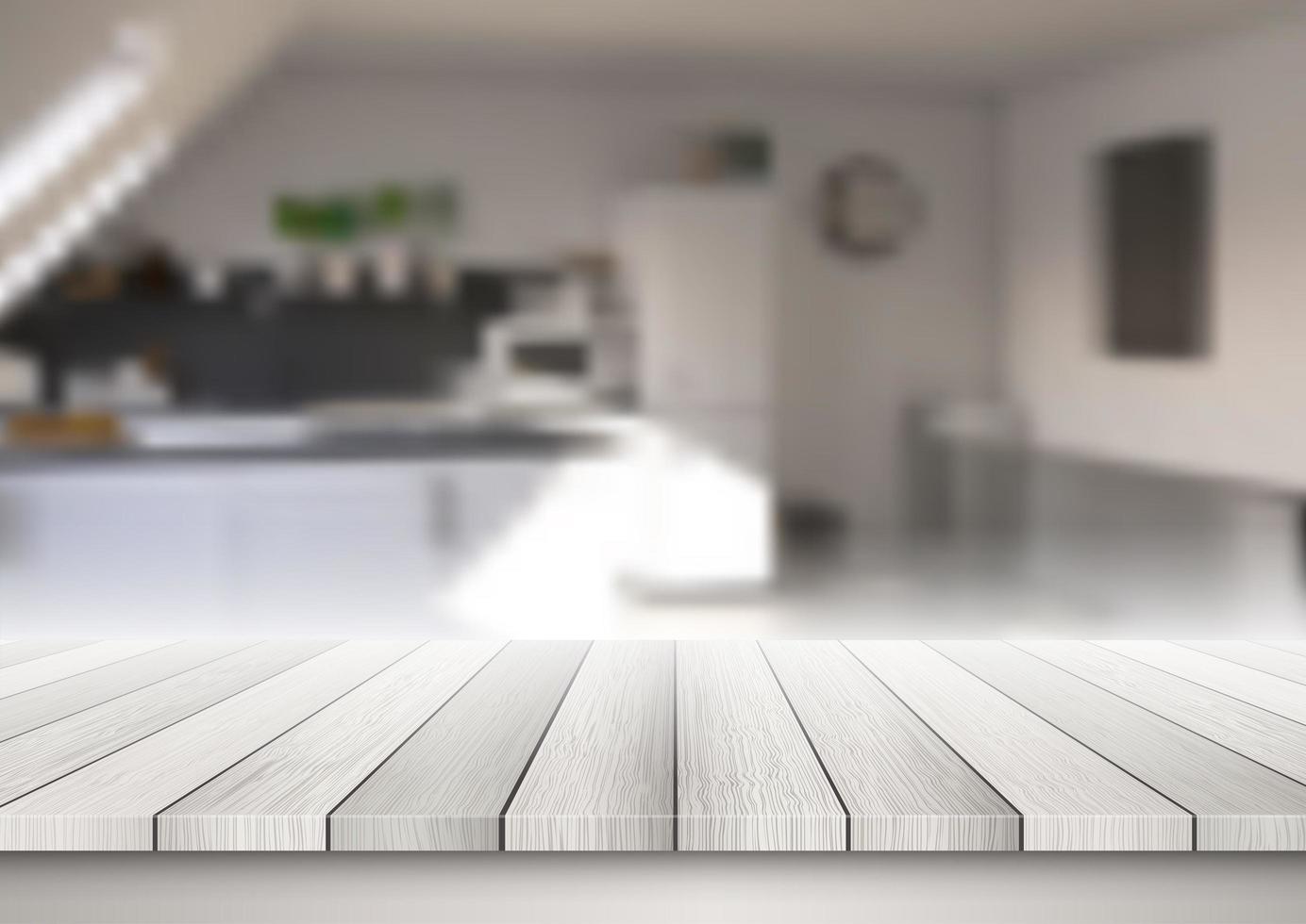 mesa de madera con vistas a una cocina desenfocada vector