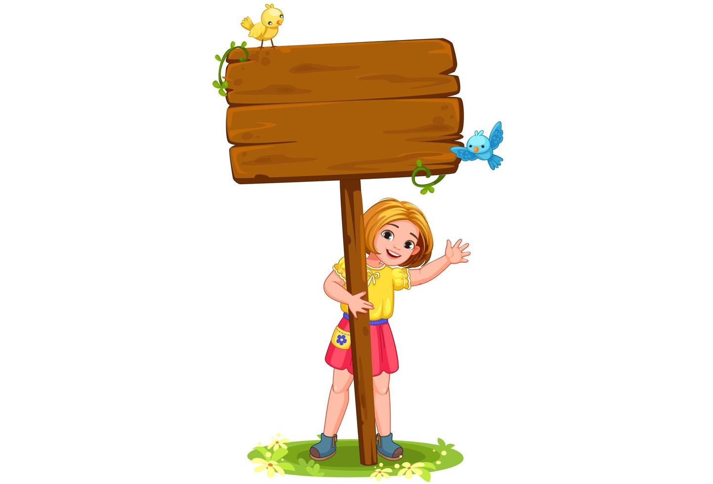 Cute little girl behind the blank wooden board vector