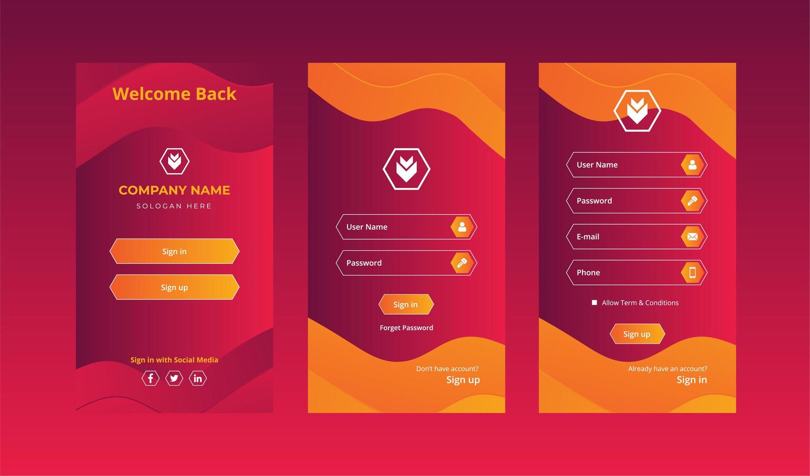 Abstract geometric red and orange login screens set vector