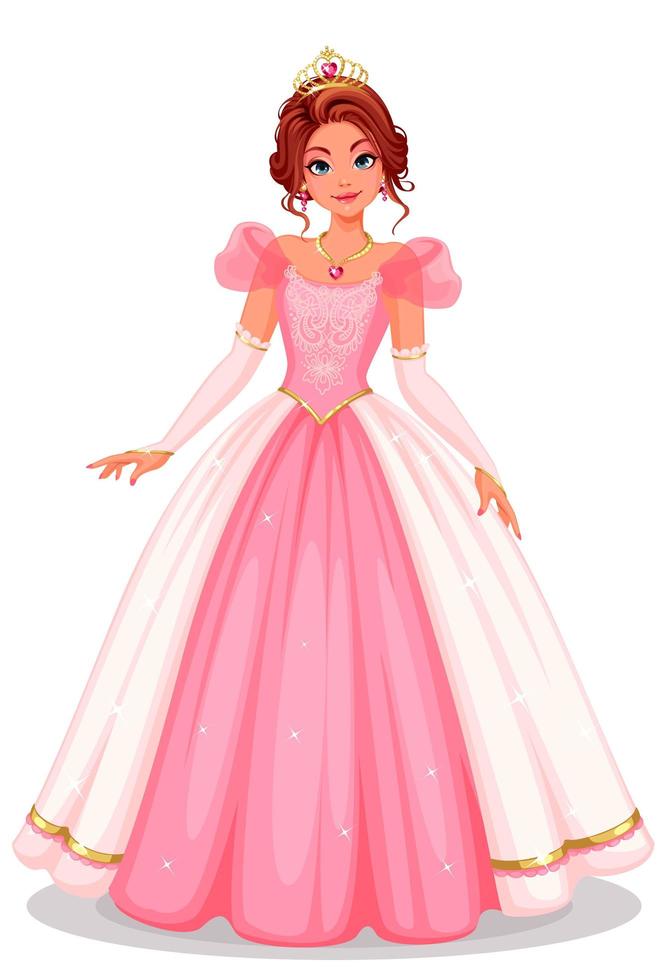 hermosa princesa de pie en un hermoso vestido largo rosa vector